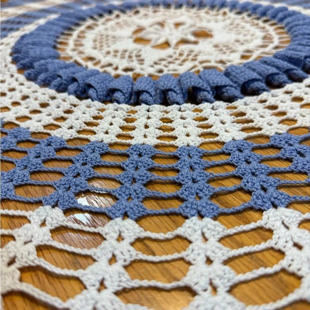 Vintage Hand crochet Blue & White Doily 31 Inch Diameter